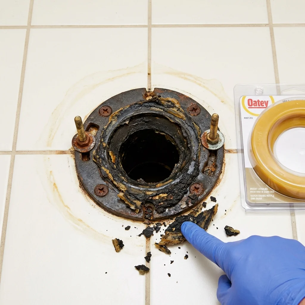 Failed wax ring showing water seepage at the base of a toilet in a Bridgeport, MI home