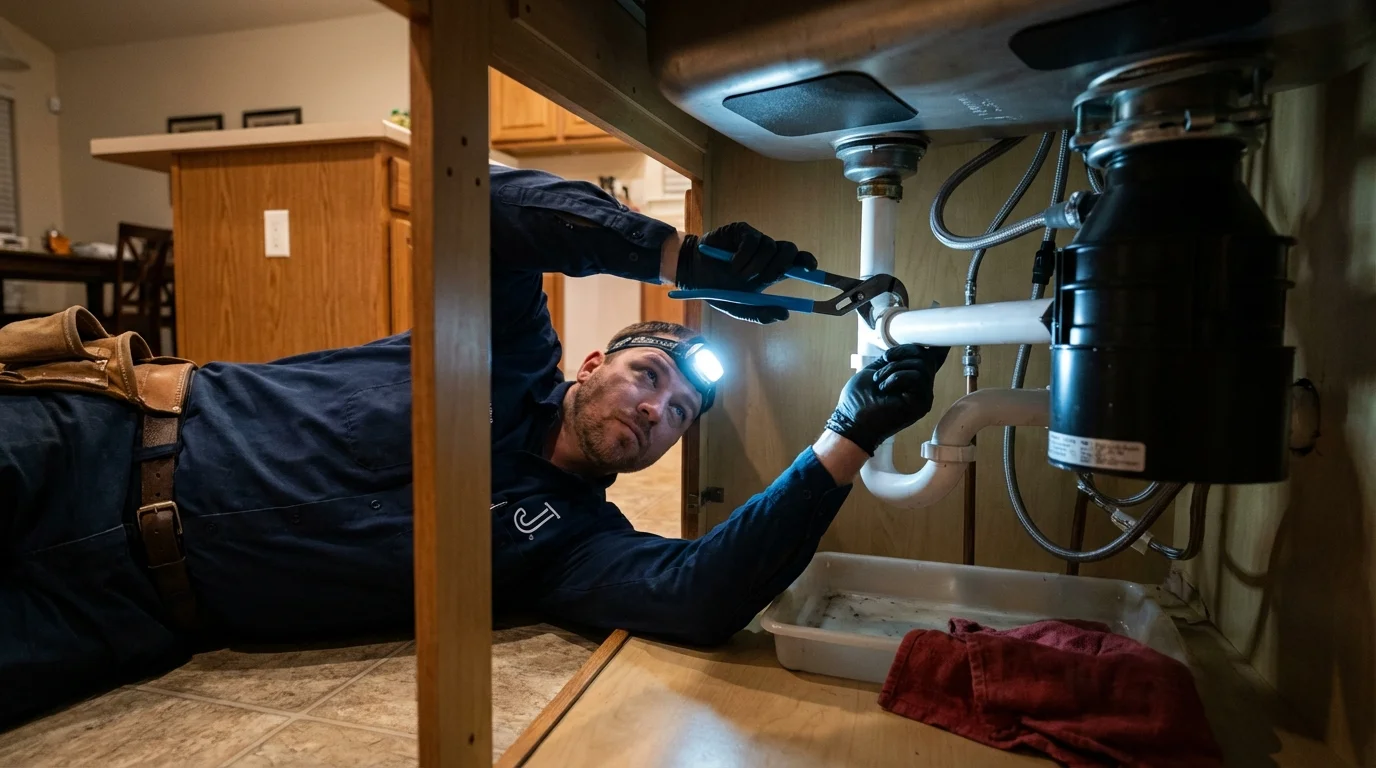 P-trap and supply line connections under a kitchen sink showing a common leak point in Bridgeport, MI